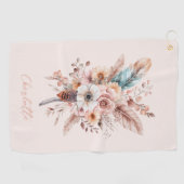 Individuelle Name Pink Boho Blume & Feathers Elega Golfhandtuch (Horizontal)