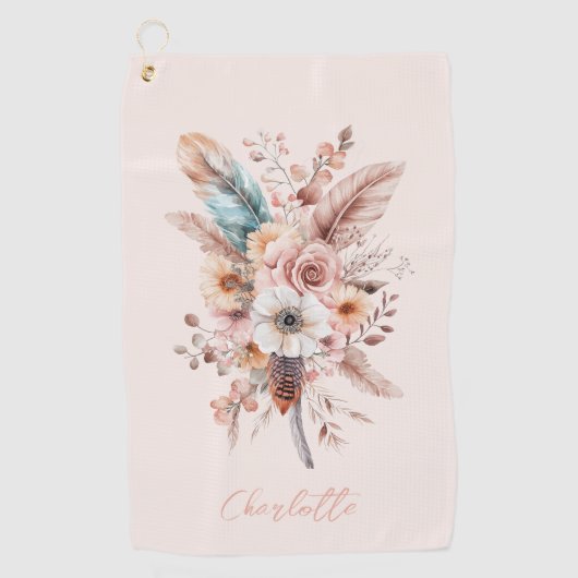 Individuelle Name Pink Boho Blume & Feathers Elega Golfhandtuch (Vorderseite)