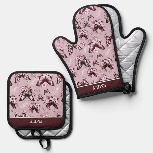 Individuelle Name Pink Butterfly Pattern Ofenhandschuh & Topflappen-Set (Vorderseite/Rückseite)