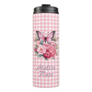 Individuelle Name Pink Checkerboard-Blume Thermosbecher