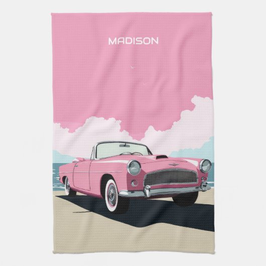 Individuelle Name Pink Classic Car Geschirrtuch (Vertikal)