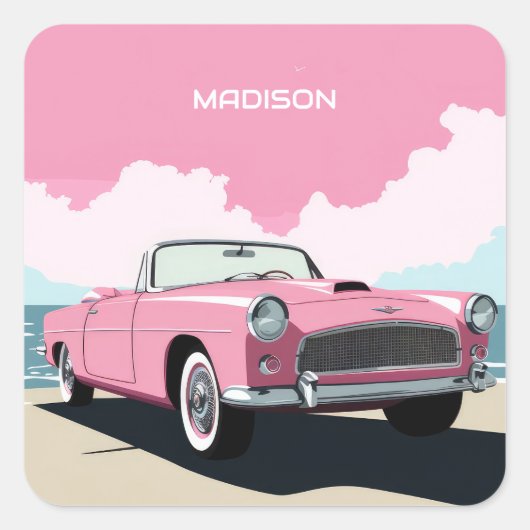Individuelle Name Pink Classic Car Quadratischer Aufkleber (Vorderseite)