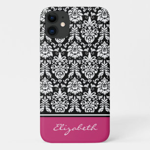 Individuelle Name Pink Schwarz-weiß Damask Case-Mate iPhone Hülle