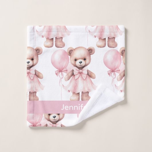 Individuelle Name Pink Teddy Bear Girl's Bath Hand Badhandtuch Set (Waschlappen)
