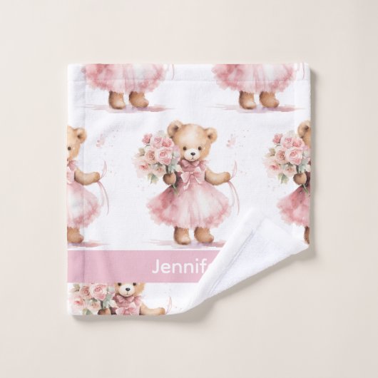 Individuelle Name Pink Teddy Bear Girl's Bath Hand Badhandtuch Set (Waschlappen)
