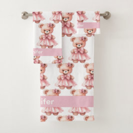 Individuelle Name Pink Teddy Bear Girl's Bath Hand Badhandtuch Set
