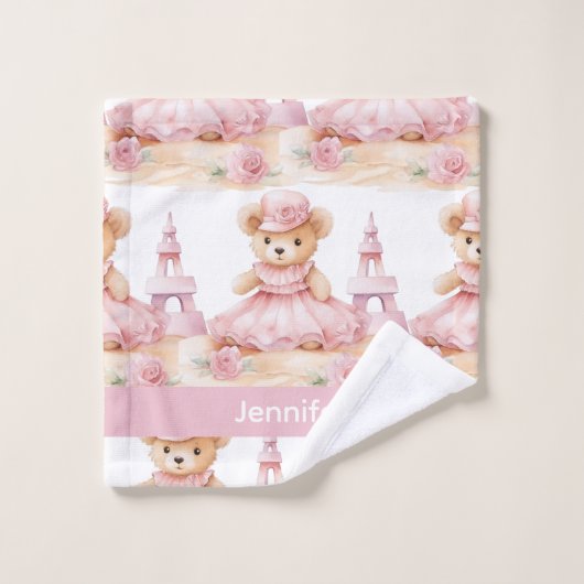 Individuelle Name Pink Teddy Bear Girl's Bath Hand Badhandtuch Set (Waschlappen)