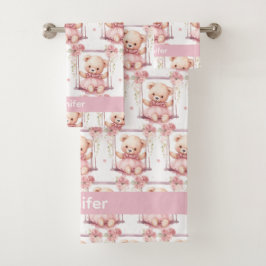 Individuelle Name Pink Teddy Bear Girl's Bath Hand Badhandtuch Set