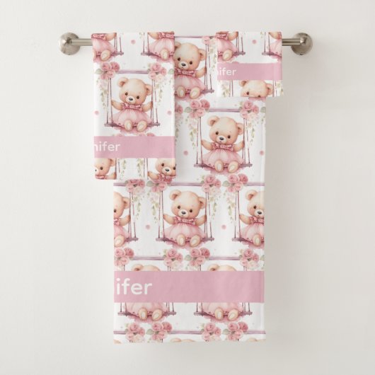 Individuelle Name Pink Teddy Bear Girl's Bath Hand Badhandtuch Set (Insitu)