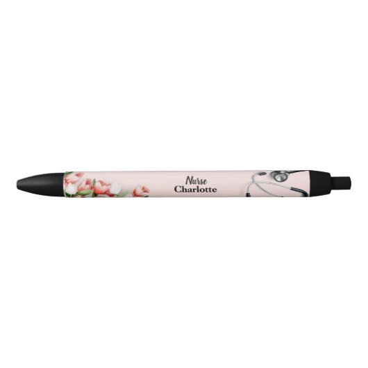 Individuelle Name Pink Tulip Floral Stethoscope Nu Kugelschreiber (Vorderseite)