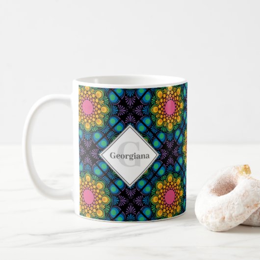 Individuelle Name Rainbow Floral Fountain Diamond Kaffeetasse (Mit Donut)