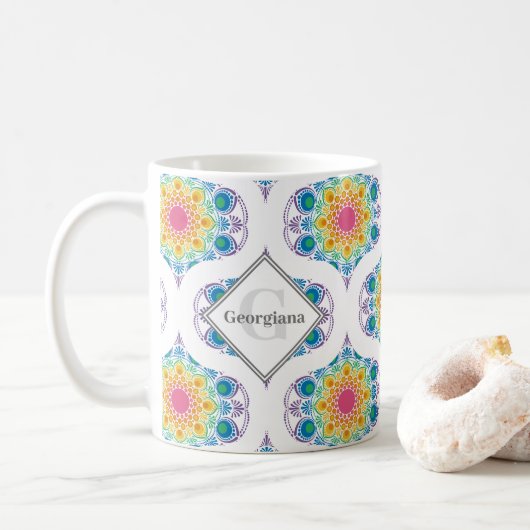 Individuelle Name Rainbow Floral Mandala Retro Oge Kaffeetasse (Mit Donut)