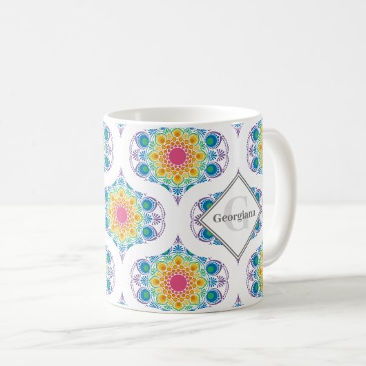 Individuelle Name Rainbow Floral Mandala Retro Oge Kaffeetasse (VorderseiteRechts)