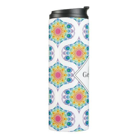Individuelle Name Rainbow Floral Mandala Retro Oge Thermosbecher (Nach links gedreht)