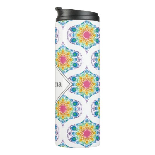 Individuelle Name Rainbow Floral Mandala Retro Oge Thermosbecher (Nach rechts gedreht)