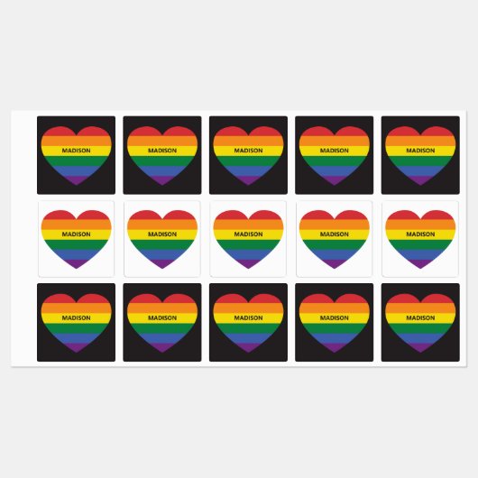 Individuelle Name Rainbow Heart Etiketten (Blatt)