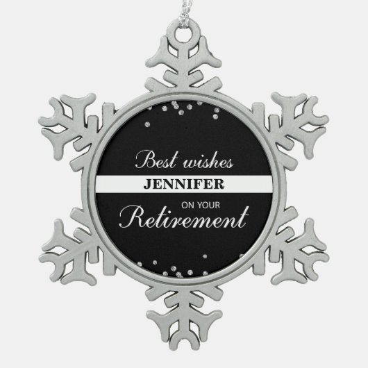 Individuelle Name, Rentenerwerb Glückwunsch Schwar Schneeflocken Zinn-Ornament (Vorderseite)