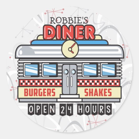 Individuelle Name Retro 50er Diner Sign Fifties At Runder Aufkleber (Vorderseite)