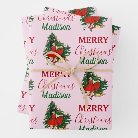 Individuelle Name Retro Christmas Girl Weihnachten Geschenkpapier Set (Beispiel)
