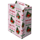 Individuelle Name Retro Christmas Girl Weihnachten Mittlere Geschenktüte (Vorderseite Schrägansicht)