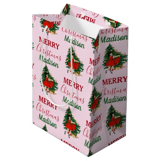 Individuelle Name Retro Christmas Girl Weihnachten Mittlere Geschenktüte (Rückseite Schrägansicht)