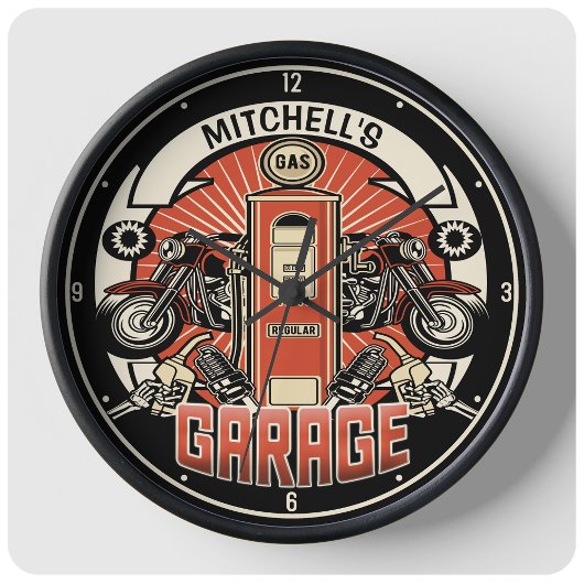 Individuelle Name Retro Gaspumpe Motorradfahrer Ga Große Wanduhr
