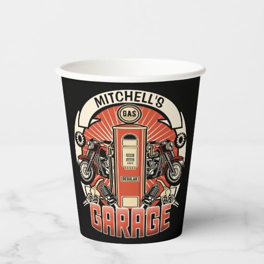 Individuelle Name Retro Gaspumpe Motorradfahrer Ga Pappbecher (Vorderseite)