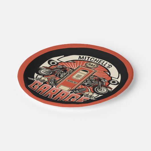 Individuelle Name Retro Gaspumpe Motorradfahrer Ga Pappteller (Schrägansicht)