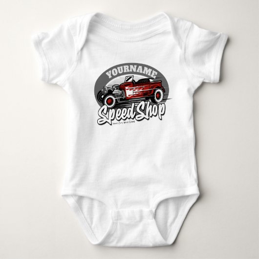 Individuelle Name Rockabilly Roadster Speed Shop G Baby Strampler (Vorderseite)
