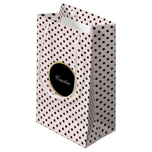 Individuelle Name Rosa | Black Polka Dot Pattern Kleine Geschenktüte (Vorderseite Schrägansicht)