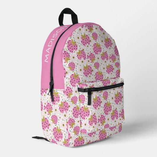 Individuelle Name Rosa Erdbeeren Muster Bedruckter Rucksack (Rückseitige Ecke links)