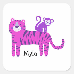 Individuelle Name Rosa Tiger und Lila Affe auf der Quadratischer Aufkleber