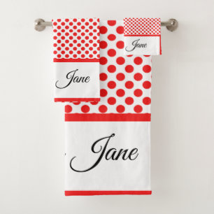 Individuelle Name Rot Polka Punkte auf Weiß Badhandtuch Set