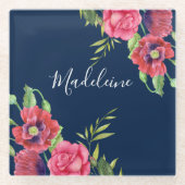 Individuelle Name Rot und Rosa Blume Dunkelblau Glasuntersetzer (Vorderseite)