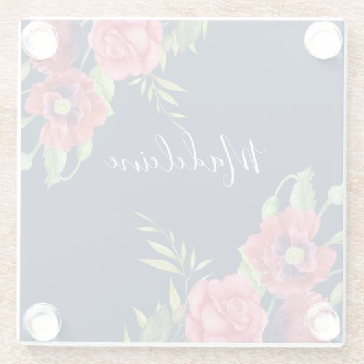 Individuelle Name Rot und Rosa Blume Dunkelblau Glasuntersetzer (Rückseite)