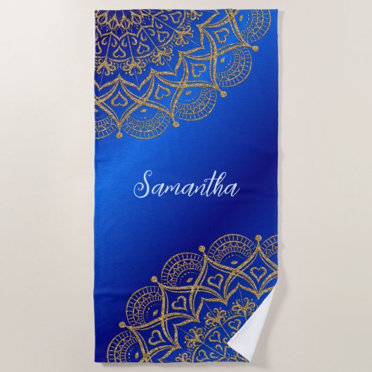 Individuelle Name Royal Blue und Gold Mandala Eleg Strandtuch (Vorderseite)