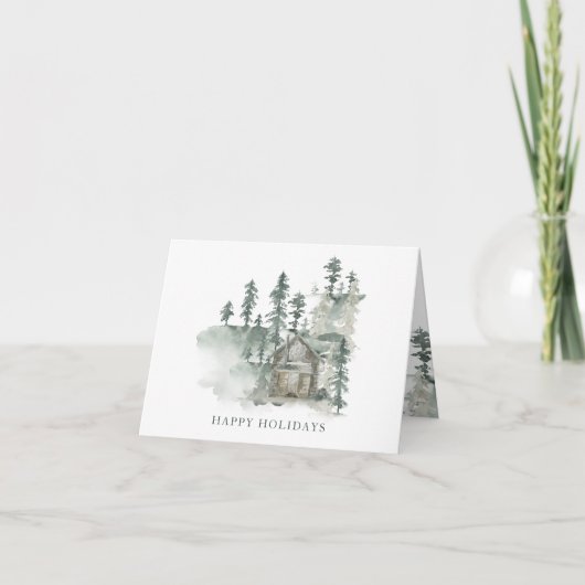 Individuelle Name Rustikale Hütte Aquarellwald Grü Feiertagskarte (Vorderseite)