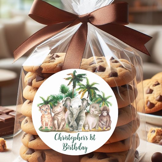 Individuelle Name Safari Tiere Palmen Bäume Runder Aufkleber