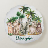 Individuelle Name Safari Tiere Palmen Bäume Rundes Kissen (Rückseite)