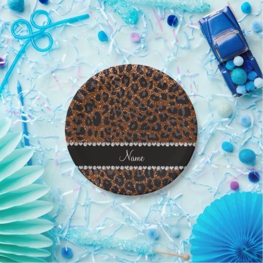 Individuelle Name Schokoladenbraun Glitzer Leopard Pappteller (Party)