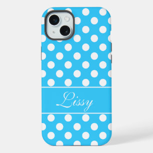 Individuelle Name, schöne blaue Polka-Punkte iPhone 15 Plus Hülle