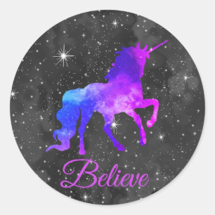 Individuelle Name Schwarz/Lila Galaxy Einhorn Aufk Runder Aufkleber