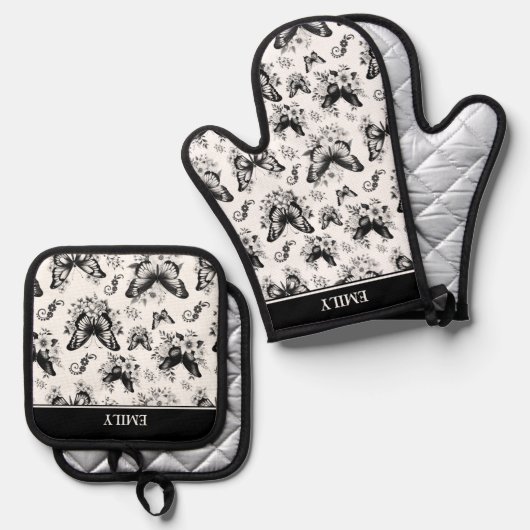 Individuelle Name Schwarz-weiß Butterfly Pattern Ofenhandschuh & Topflappen-Set (Vorderseite/Rückseite)
