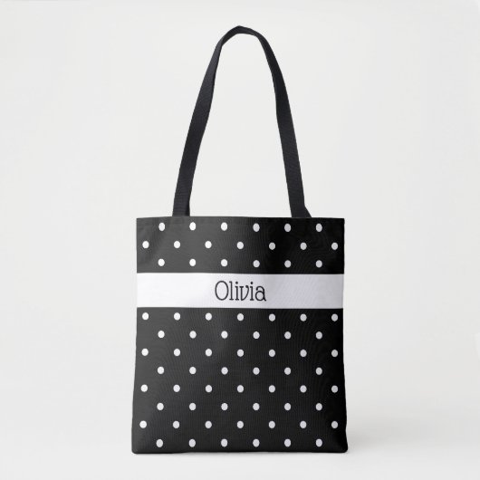 Individuelle Name Schwarz-weiß Polka Dot Muster Tasche (Vorderseite)