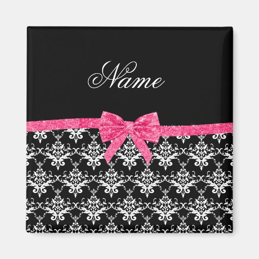 Individuelle Name Schwarz-weißer Damast Rosa Glitz Magnet (Vorne)