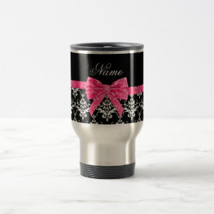 Individuelle Name Schwarz-weißer Damast Rosa Glitz Reisebecher