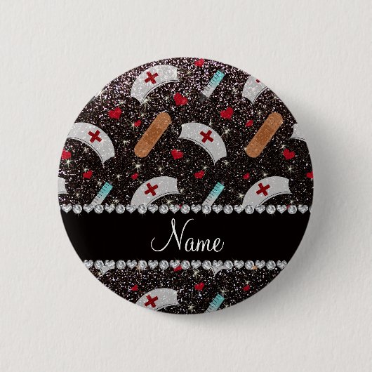 Individuelle Name Schwarzer Glitzer Krankenschwest Button (Vorderseite)