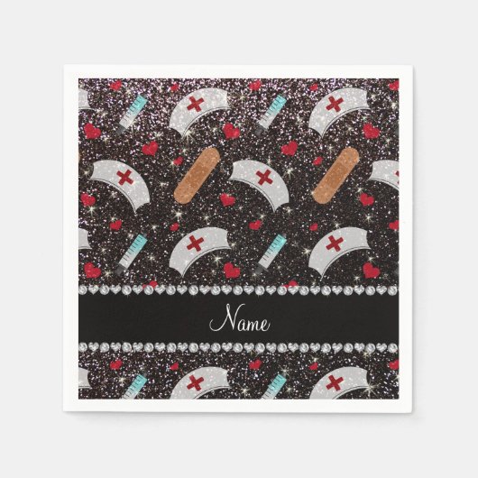 Individuelle Name Schwarzer Glitzer Krankenschwest Serviette (Vorderseite)