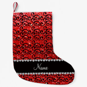 Individuelle Name Schwarzer Neonrot Glitzer Wirbel Kleiner Weihnachtsstrumpf