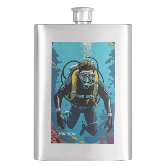 Individuelle Name Scuba Diver Flachmann (Vorderseite)